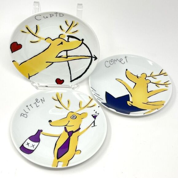 Pottery Barn 7" Christmas Reindeer Salad Plates Set Of 3 Comet Cupid Blitzen - Picture 1 of 6